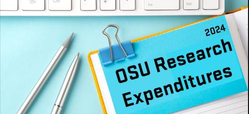 Illustration of pens and a clipboard with words on paper that say OSU Research Expenditures.